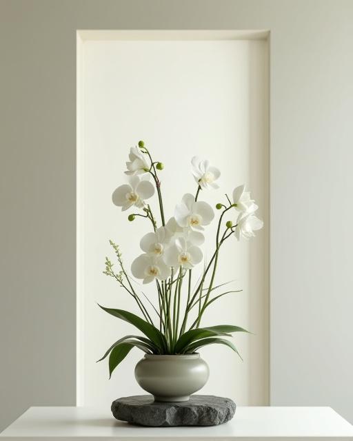 Una composizione floreale ispirata al Giappone con orchidee bianche.