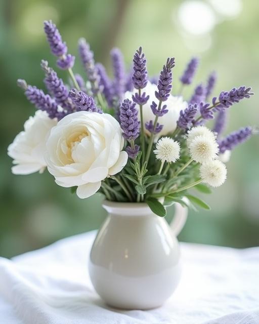 Un bouquet delicato con mazzi di lavanda e fiori bianchi.